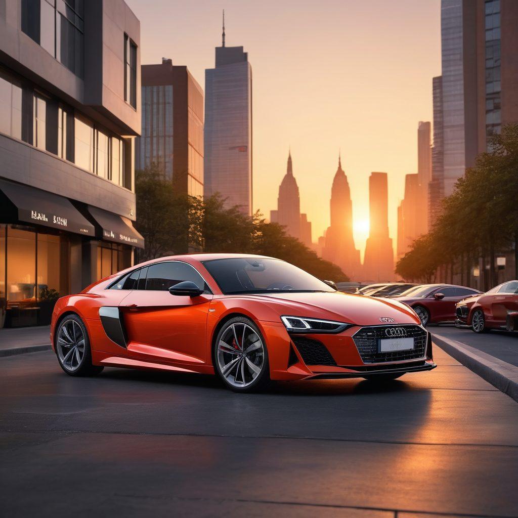 A sleek, luxurious Audi car parked elegantly in a stylish urban setting, surrounded by high-end lifestyle elements like designer bags and gourmet coffee cups. The atmosphere conveys sophistication and leisure, with a soft sunset glow illuminating the scene. Include a partial view of a luxurious city skyline in the background to emphasize opulence. super-realistic. vibrant colors. cinematic lighting.
