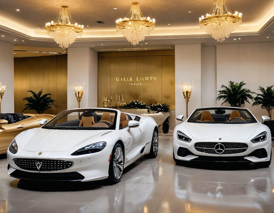 A luxurious showroom displaying a variety of high-end vehicles, elegantly lit with soft golden lights. In the foreground, a sophisticated couple raises their champagne glasses, celebrating their smart financing choice. Surrounding them are gleaming cars like a sleek sports convertible and a classic luxury sedan, accentuated with subtle dollar signs in the backdrop to symbolize wise investments. super-realistic. vibrant colors. white background.