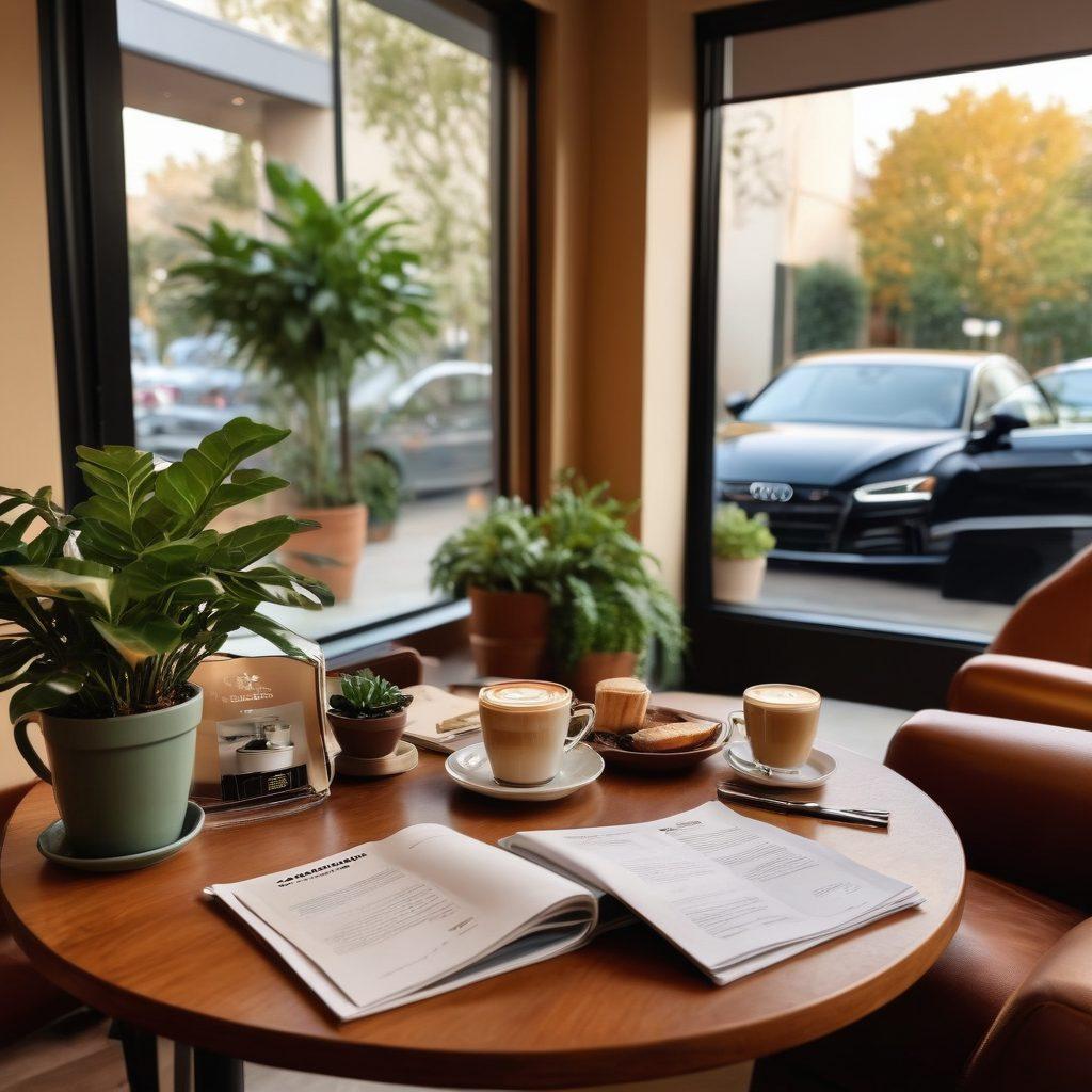 A cozy coffee shop scene featuring a person sipping a delicious latte while reviewing premium car brochures, with a warm ambiance filled with soft lighting, plush seating, and potted plants. In the background, a luxury car can be subtly seen through the window, symbolizing the journey to premium audi financing. The colors should be rich and inviting, creating a sense of comfort and sophistication. super-realistic. warm colors. cozy atmosphere.
